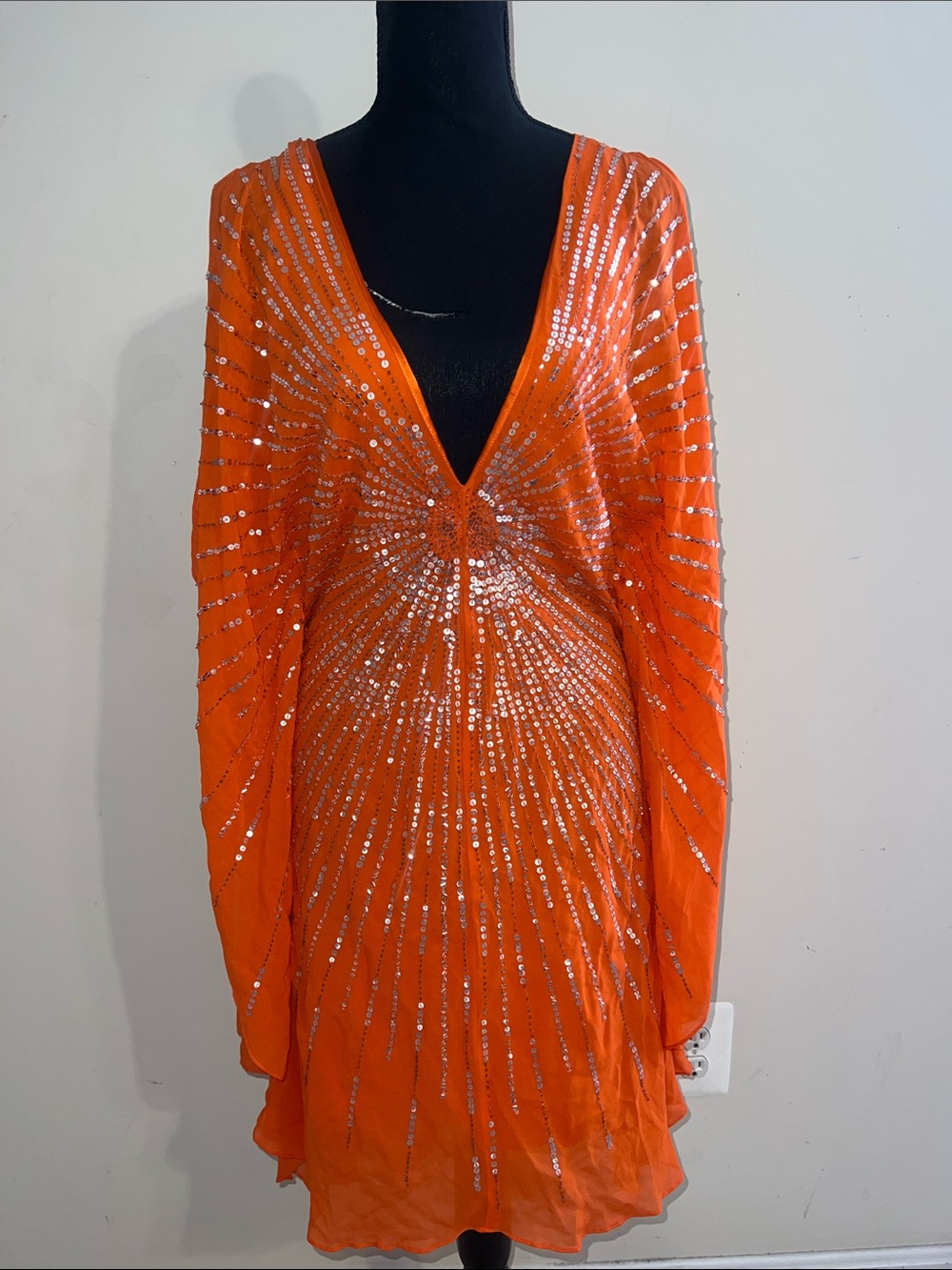 BCBGMAXARIA Orange Flutter Sleeve Sequin Dress